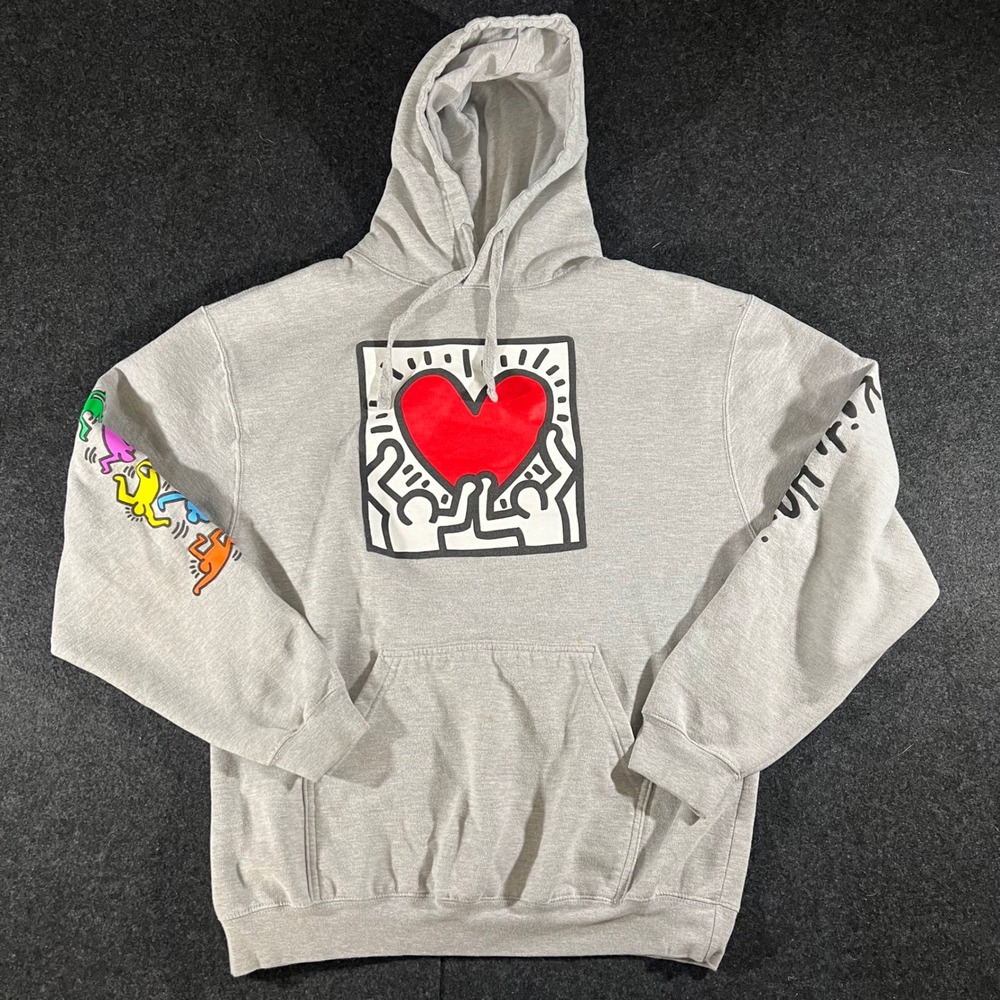 Keith Haring Ripple Junction Hoodie Mens Large Gray Pop Art Heart Graphic Skater